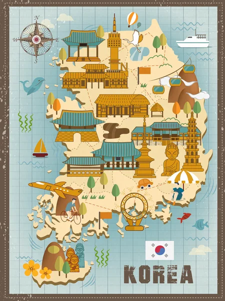 Mapa de viajes de Corea del Sur — Vector de stock