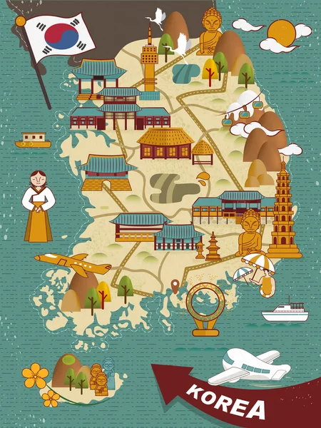 Mapa de viajes de Corea del Sur — Vector de stock