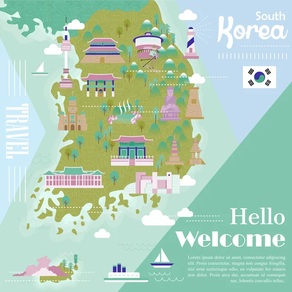 Mapa de viajes de Corea del Sur — Vector de stock