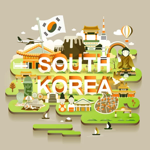 Mapa de viajes de Corea del Sur — Vector de stock