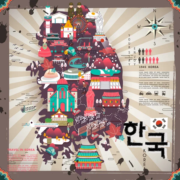 Dél-Korea utazik Térkép — Stock Vector