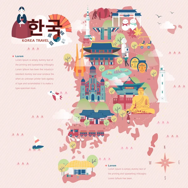 Mapa de viajes de Corea del Sur — Vector de stock