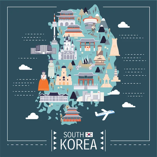 Mapa de viajes de Corea del Sur — Vector de stock