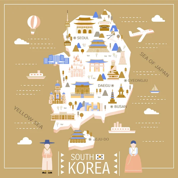 Mapa de viajes de Corea del Sur — Vector de stock