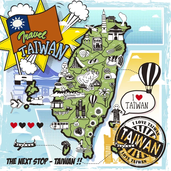 Taiwan mapa de viagem em estilo cômico —  Vetores de Stock