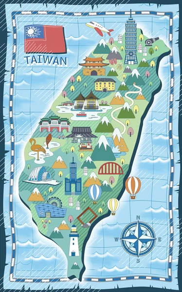 Taiwan mapa de viagem — Vetor de Stock