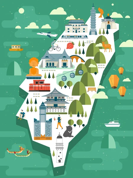 Hermoso mapa de viaje de Taiwán — Vector de stock