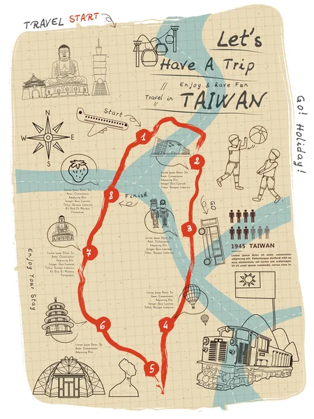 Mapa de viajes de Taiwán — Archivo Imágenes Vectoriales