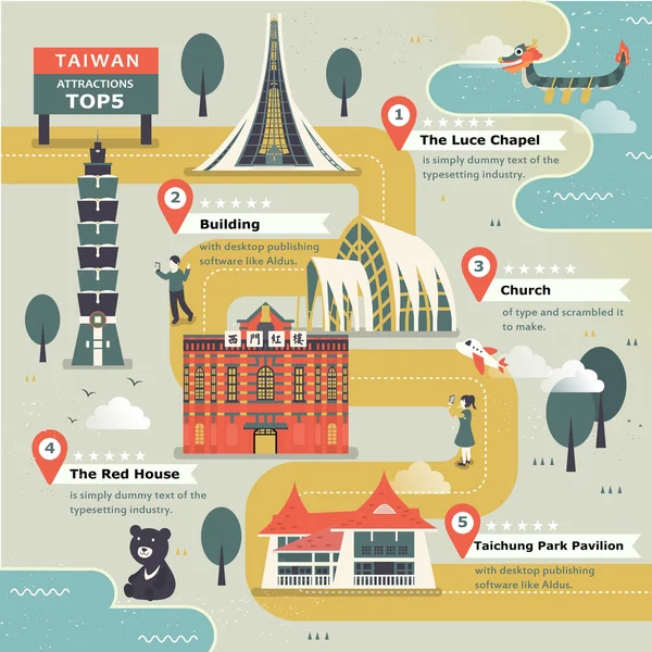 Encantador mapa de viagem de Taiwan —  Vetores de Stock