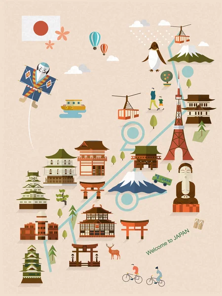 Hermoso Japón caminando mapa — Vector de stock