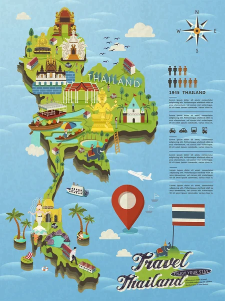 Tayland seyahat harita — Stok Vektör