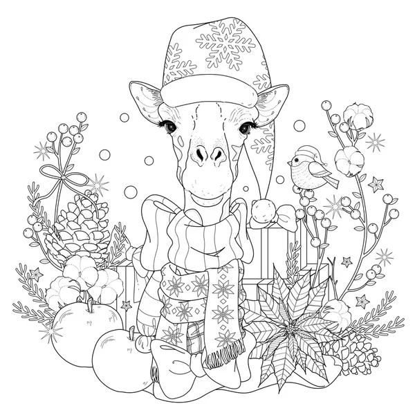 Página de colorir girafa de Natal — Vetor de Stock