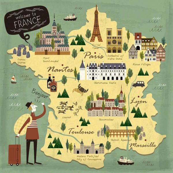 Francia mapa concepto de viaje — Vector de stock