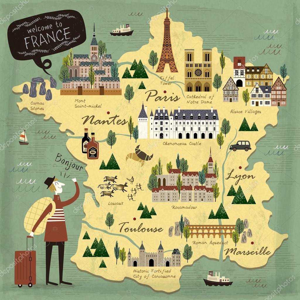 France travel concept illustration map with attractions premium vector in Adobe Illustrator ai 