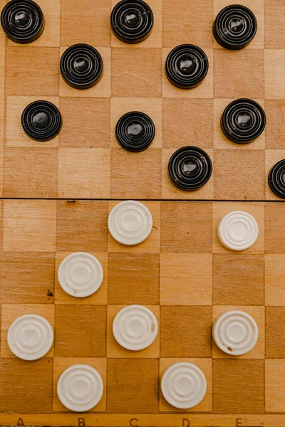 Brown Wooden Chessboard Classic Checkers Table Game Checkers Playing Field — Stock Photo, Image