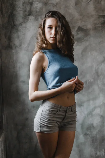 Beautiful Cute Curly Girl Posing Shorts Blue Shirt — Stock Photo, Image