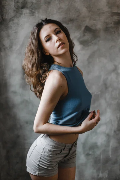 Beautiful Cute Curly Girl Posing Shorts Blue Shirt — Stock Photo, Image