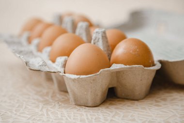 Masadaki karton tepside 10 kahverengi tavuk yumurtası var.