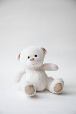 Beyaz ayıcık beyaz arka planda oturuyor. Sevgililer günü hediyesi.