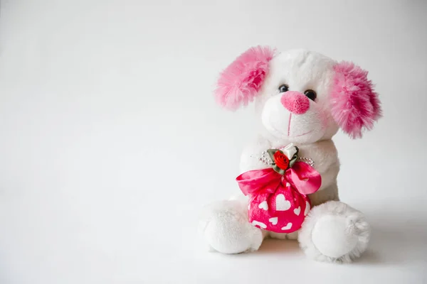 Urso Pelúcia Branco Com Coração Vermelho Presente Dia Dos Namorados — Fotografia de Stock