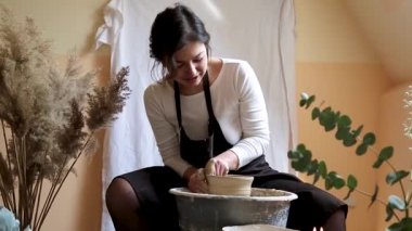 Potter çömlekçide çalışıyor. Çömlekçi çarkında çömlek heykeli