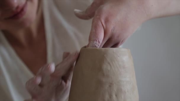 Perempuan Keramik Tangan Memahat Piring Tanah Liat — Stok Video