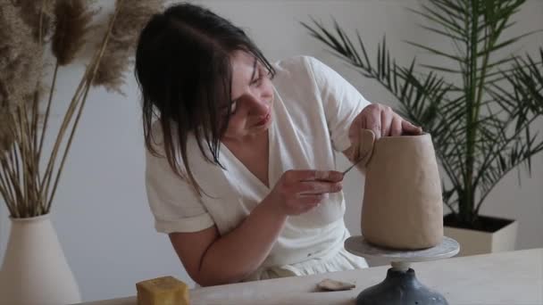 Manos Ceramistas Hembra Esculpir Platos Arcilla — Vídeos de Stock
