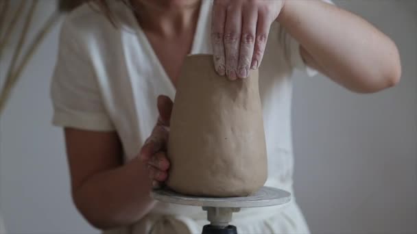 Manos Ceramistas Hembra Esculpir Platos Arcilla — Vídeos de Stock