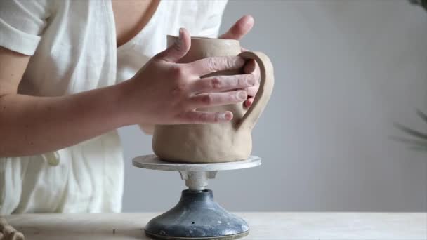 女权主义者的手雕琢粘土盘 — 图库视频影像
