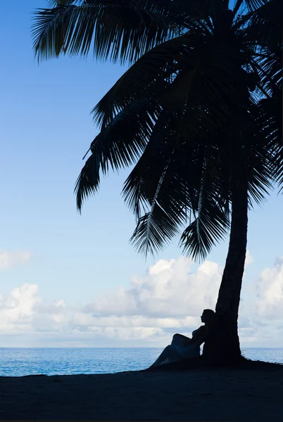 Playa tropical, palmera con mujer sentada, silueta — Foto de Stock