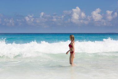 Beautiful and sexy blonde woman in red bikini, turquise sea clipart