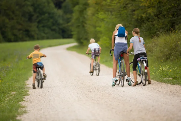 Aile ülke road, yeşil ortamında açık Bisiklet binmek — Stok fotoğraf