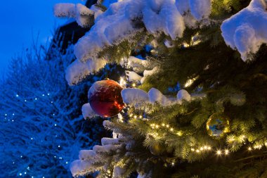 Dışarıda kar, Noel ağacı detaylarını, ışıklar ve kırmızı parlak top x-mas süslemeleri ile kapladı..