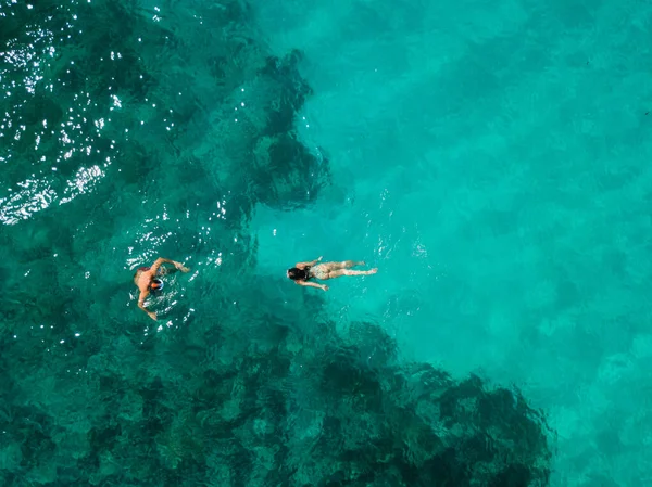 Man Woman Enjoy Tropical Vacation Swimming Diving Snorkeling Together Birds — Φωτογραφία Αρχείου