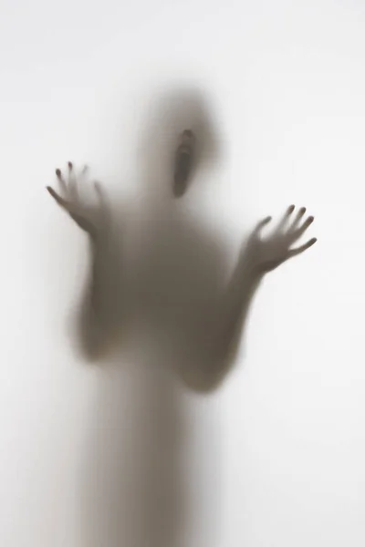 Scary Diffuse Human Face Hands Silhouette Shouting Curtain — Stock Photo, Image