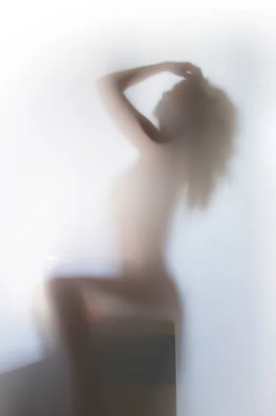 Vrij Langharige Vrouw Zit Poseert Achter Een Gordijn Lichaamsvorm Silhouet Rechtenvrije Stockfoto's