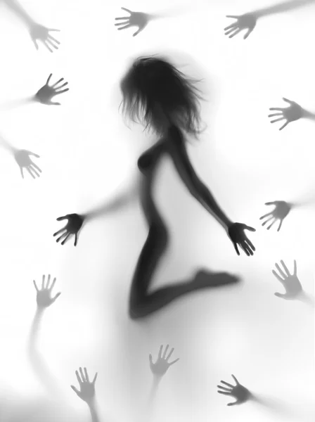 Sexy woman body silhouette with many hands around — Stock Photo, Image