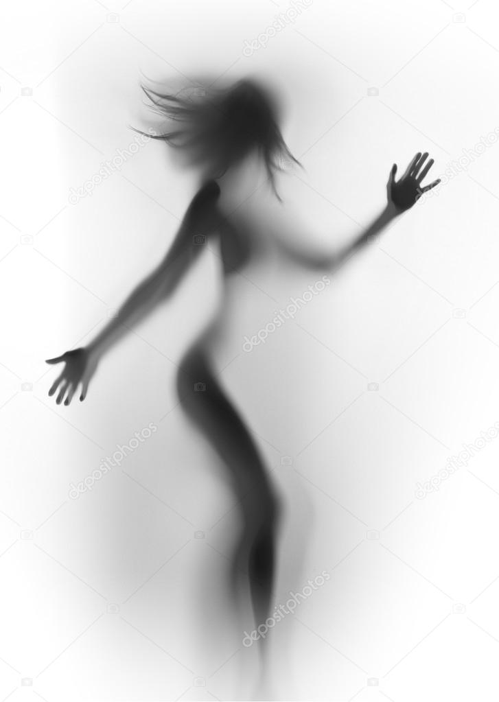 Diffuse silhouette of a beautiful woman, with long hair and hands