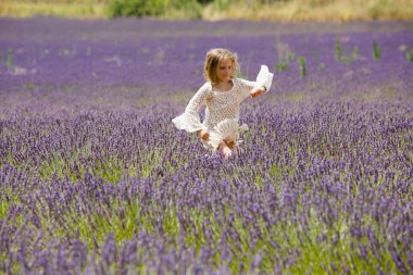 Güzel sarışın kız bir lavanta alanda çalışır