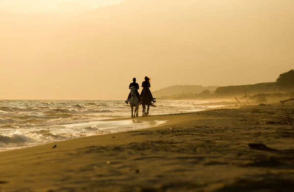 Dva koně jezdec sunset Beach, přímo u moře — Stock fotografie