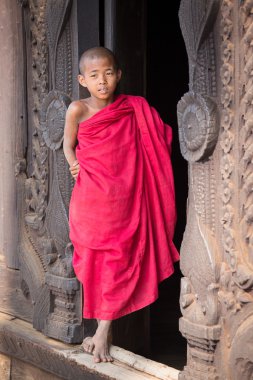 Bir manastırda genç bir keşiş portresi. Mandalay, Myanmar