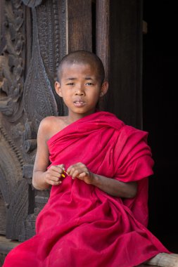 Bir manastırda genç bir keşiş portresi. Mandalay, Myanmar