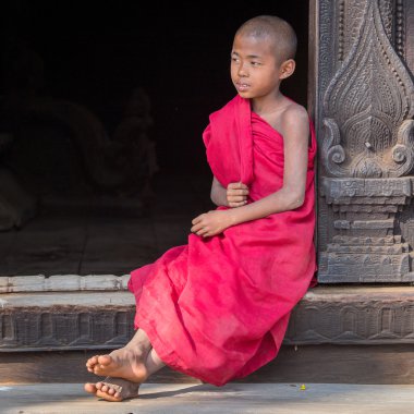 Bir manastırda genç bir keşiş portresi. Mandalay, Myanmar