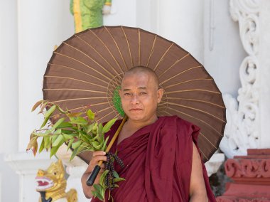 Birmanyalı keşiş Shwedagon Pagoda'yı ziyaret eder. Yangon, Myanmar, Burma