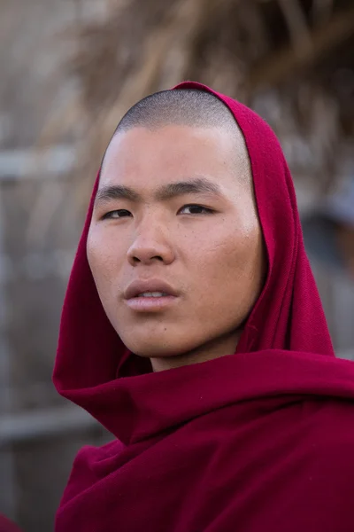 Retrato joven monje en un monasterio. Lago Inle, Myanmar — Foto de Stock