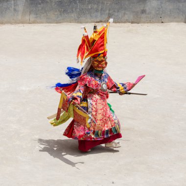 Tibet lama Hemis Gompa Budist festival Tsam gizem dans dans maske giymiş. Ladakh, Kuzey Hindistan
