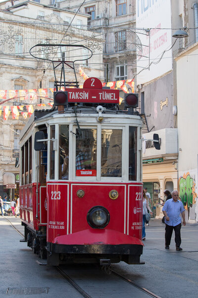 Red Taksim Tunel Nostalgic Tram on the istiklal street. Istanbul, Turkey