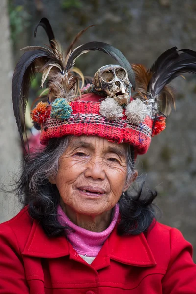 Vieja mujer ifugao vestida de gala nacional junto a terrazas de arroz. Filipinas — Foto de Stock