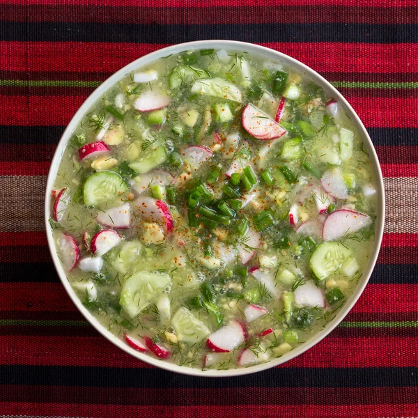 Close up of ukrainian cold vegetable soup okroshka — Stock Image Close up of ukrainian cold vegetable soup okroshka Royalty Free Stock Images
