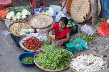 Burman kadın satmak sebze ve meyve sokak gıda pazarında Yangon, Myanmar